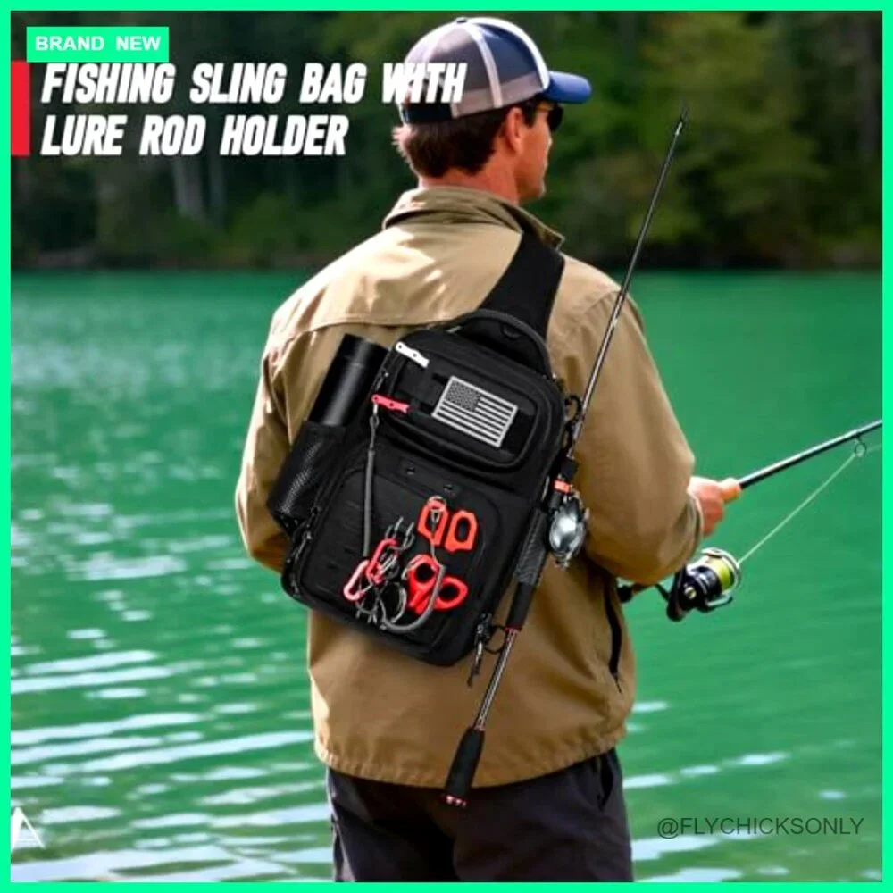 Fishing Sling Backpack with Rod Holder, MOLLE System, Water Resistant